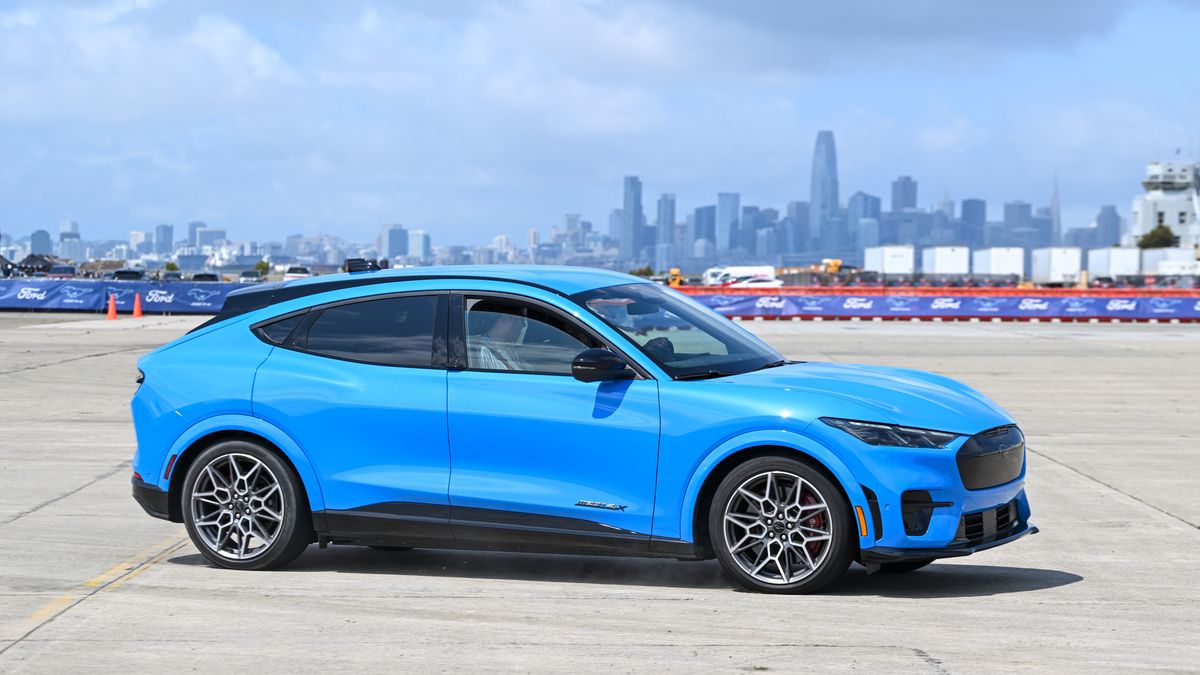 SAN FRANCISCO, CA - AUGUST 24: Visitors experience drifting as passengers inside of Ford Mustang Mach E at Electrify Expo San Francisco, the largest electric vehicles (EV) event in North America is held in Alameda, California, United States on August 24, 2024. (Photo by Tayfun Coskun/Anadolu via Getty Images)
