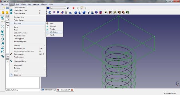 Ilustracja 23: W programie FreeCAD dostępnych jest wiele opcji wyświetlania znanych z komercyjnych systemów CAD. Chociaż w przypadku naszego ćwiczenia nie ma konieczności korzystania np. z widoku szkieletowego (drutowego), warto wiedzieć, że można go użyć: Zakładka View > Draw Style > Wireframe.