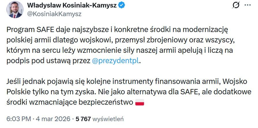 Szef MON zabiera głos ws. SAFE
