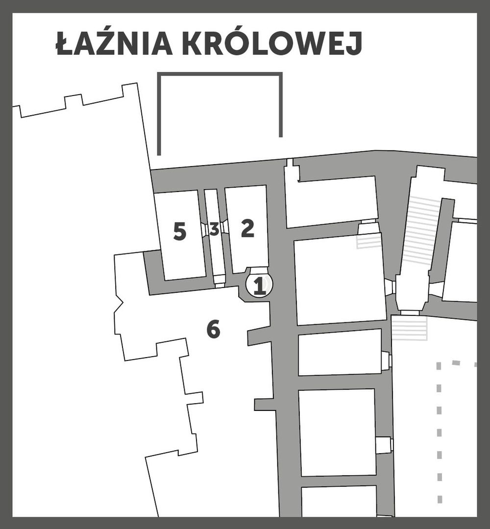 Łaźnia królowej na Wawelu. Fragment planu parteru renesansowej rezydencji zamieszczonego w książce Kamila Janickiego pt. Wawel. Biografia. 1 – schody prowadzące do pokojów fraucymeru i apartamentu królowej; 2 – szatnia; 3 – sień z wyjściem na dziedzińczyk; 5 – pokój kąpielowy z wannami; 6 – dziedzińczyk, dzisiaj nazywany dziedzińcem Batorego.