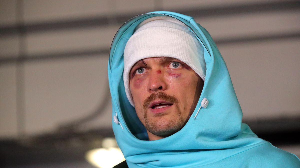 KYIV REGION, UKRAINE - SEPTEMBER 27, 2021 - Current WBA, WBO, IBF and IBO world heavyweight champion Oleksandr Usyk is pictured during a briefing at Boryspil International Airport following a UD win over Anthony Joshua in the September 25 match at the Tottenham Hotspur Stadium, Kyiv Region, northern Ukraine. (Photo credit should read Pavlo_Bagmut/ Ukrinform/Barcroft Media via Getty Images)