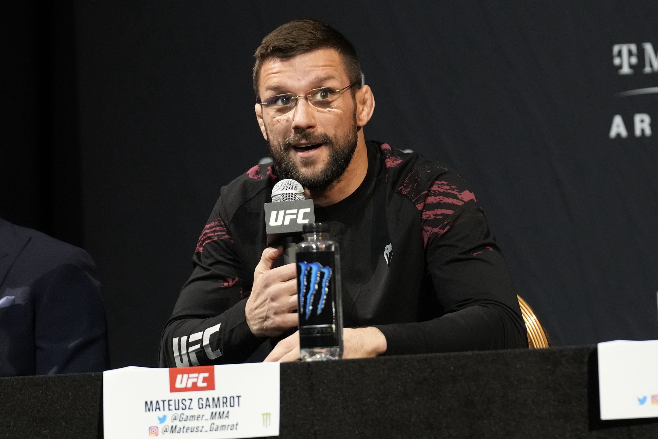 LAS VEGAS, NV - March 2: Mateusz Gamrot speaks with the press and the fans at MGM KA Arena for UFC 285 -Jones vs Gane : Press Conference on March 2, 2023 in Las Vegas, NV, United States. (Photo by Louis Grasse/PxImages/Icon Sportswire via Getty Images)
