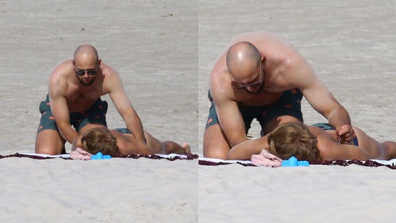 Agnieszka Kaczorowska z rodziną na plaży