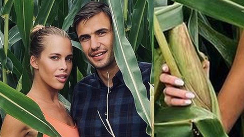 Zuzanna Pactwa i Jarosław Bieniuk całują się w polu kukurydzy