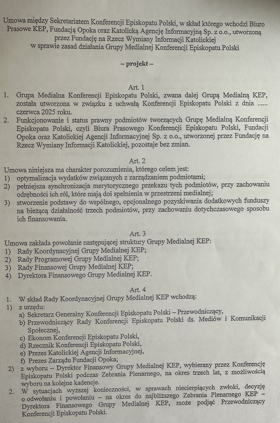 Projekt umowy przygotowany dla biskupów
