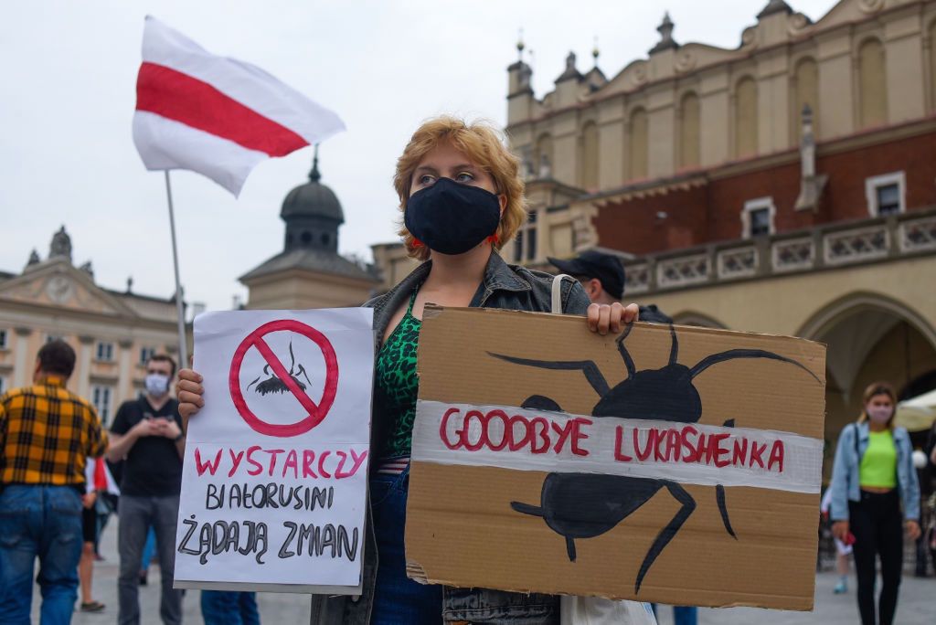 Protest przeciw polityce Łukaszenki w Krakowie w 2020 roku