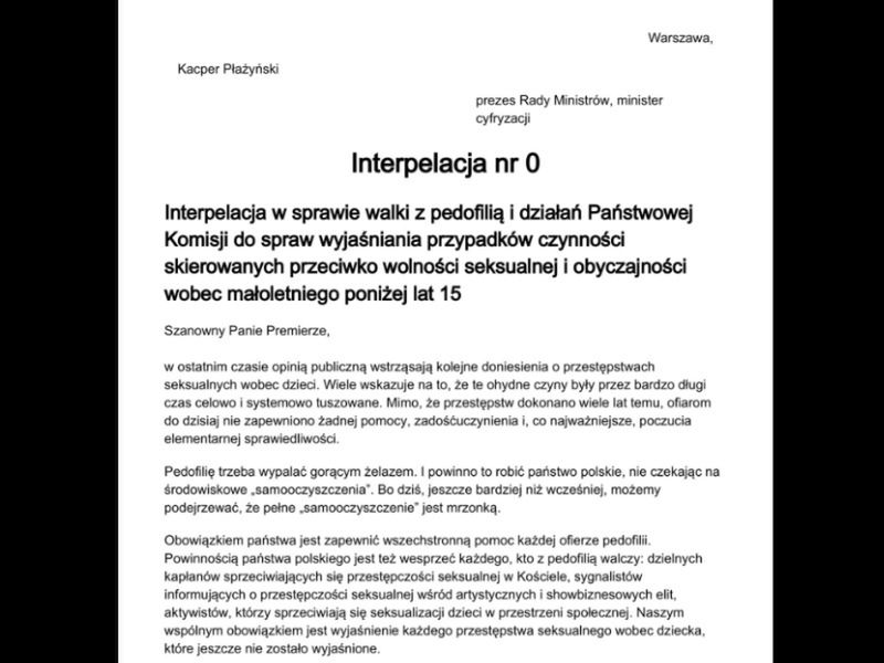 Interpelacja posła Kacpra Płażyńskiego ws.komisji ds. pedofilii