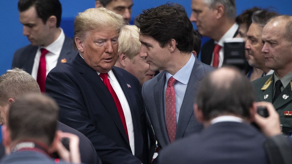 HERTFORD, ENGLAND - DECEMBER 04: U.S. President Donald Trump (L) ad Canadian Prime Minister Justin Trudeau (R) attend the NATO summit at the Grove Hotel on December 4, 2019 in Watford, England. France and the UK signed the Treaty of Dunkirk in 1947 in the aftermath of WW2 cementing a mutual alliance in the event of an attack by Germany or the Soviet Union. The Benelux countries joined the Treaty and in April 1949 expanded further to include North America and Canada followed by Portugal, Italy, Norway, Denmark and Iceland. This new military alliance became the North Atlantic Treaty Organisation (NATO). The organisation grew with Greece and Turkey becoming members and a re-armed West Germany was permitted in 1955. This encouraged the creation of the Soviet-led Warsaw Pact delineating the two sides of the Cold War. This year marks the 70th anniversary of NATO. (Photo by Dan Kitwood/Getty Images)