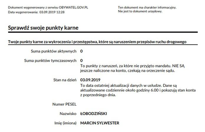 Tak wygląda plik z informacją o punktach karnych. Na waszym będzie jeszcze nr PESEL.