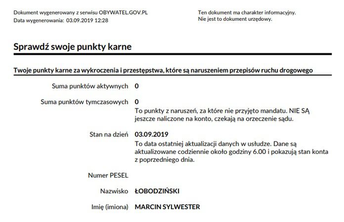 Tak wygląda plik z informacją o punktach karnych. Na waszym będzie jeszcze nr PESEL.