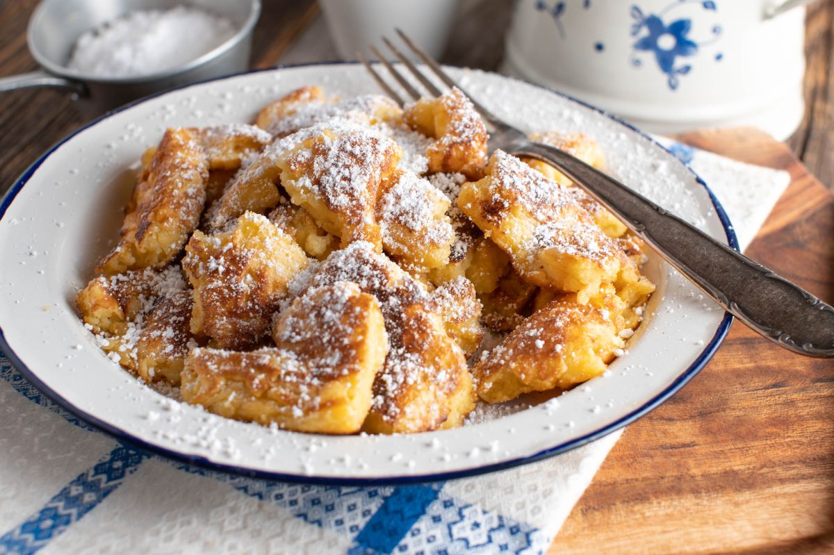Emperor's omelet sprinkled with powdered sugar.
