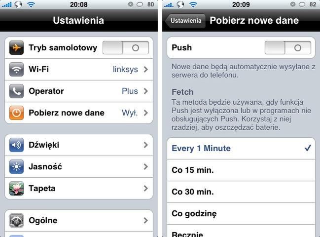 Działanie Fetch w iPhonie co minutę