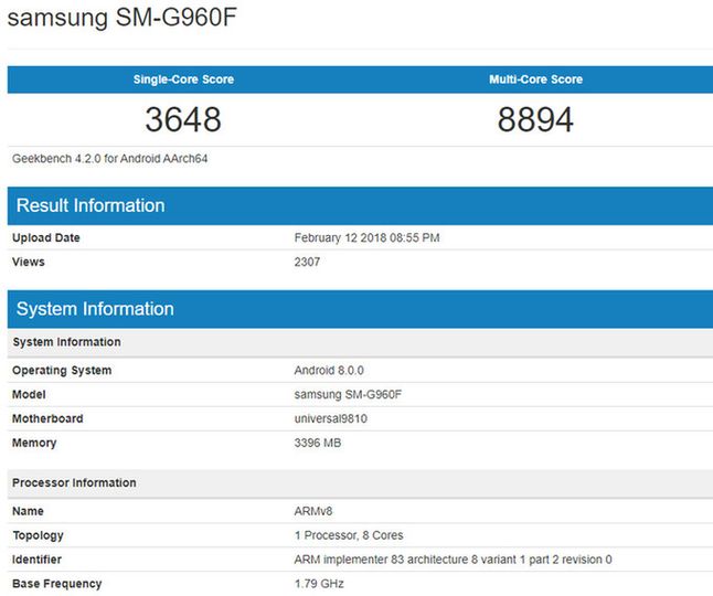 Galaxy S9 z Exynosem 9810 w bazie Geekbench