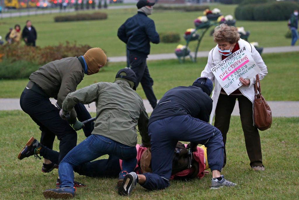 Events in Minsk, BelarusMINSK, BELARUS - OCTOBER 11, 2020: Law enforcement officers detain a participant in the March of Pride opposition event. Mass protests against the presidential election results have been occurring in Minsk and other Belarusian cities since August 9. According to the Belarusian Central Election Commission, incumbent president Alexander Lukashenko won by landslide with 80.1% of votes polled. Runner-up candidate Svetlana Tikhanovskaya who polled 10.12% refused to accept the election results and became one of the founders of the Belarusian opposition's Coordination Council. Subsequent rallies rapidly escalated into violent clashes with the police. Opposition activists call for further protest events, whereas the authorities demand to end them. Natalia Fedosenko/TASS (Photo by Natalia Fedosenko\TASS via Getty Images)Natalia Fedosenkoprotests, rally, clashes, opposition, supporters, demonstration, law enforcement, protester, protesters