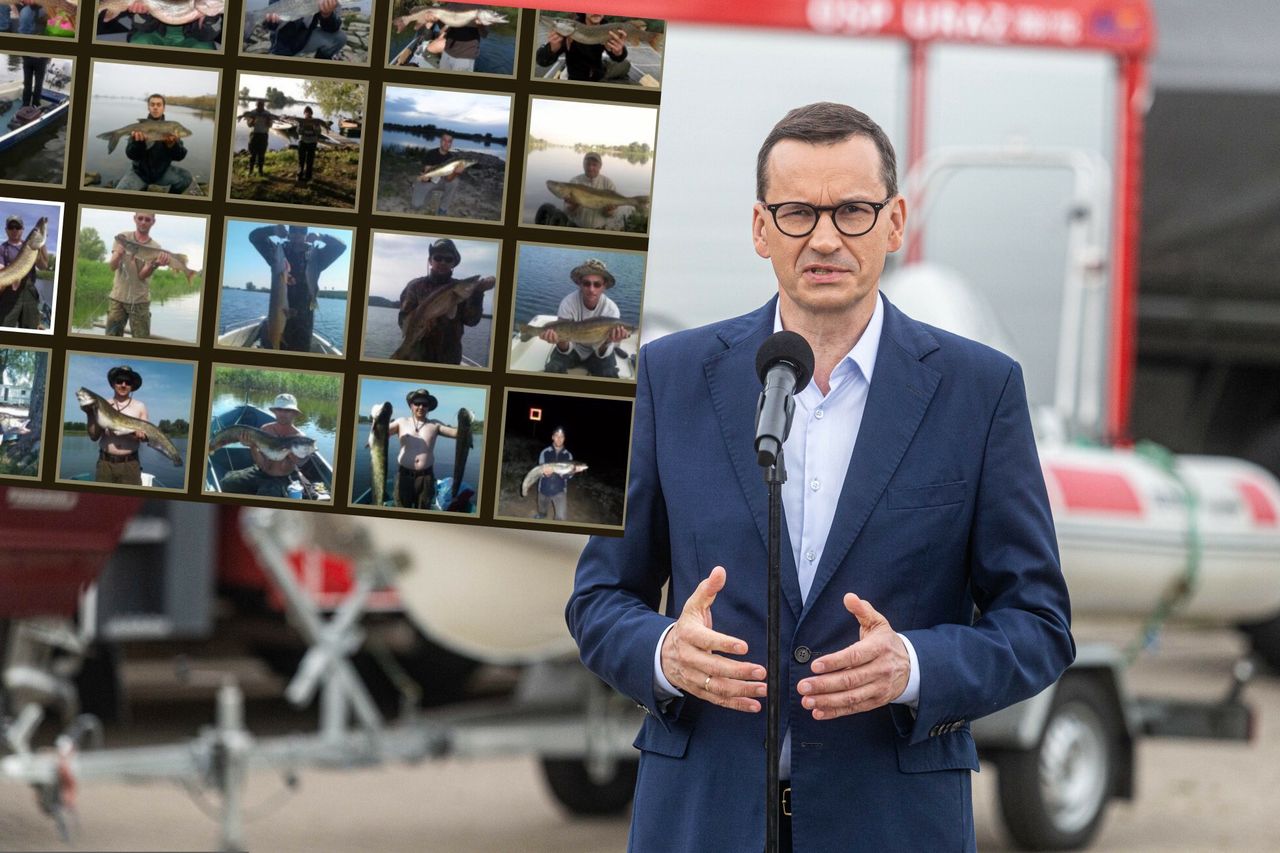 Konferencja premiera Mateusza Morawieckiego w sprawie  sytuacji w Odrze. Na mniejszym zdjęciu galeria okazów ze spustoszonego łowiska