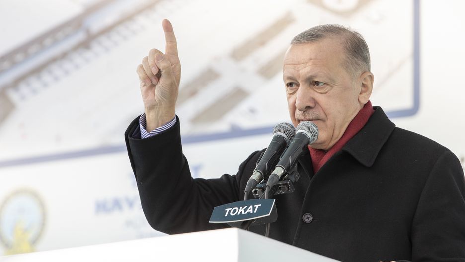 TOKAT, TURKIYE - MARCH 25:  Turkish President Recep Tayyip Erdogan makes a speech during the opening ceremony of Tokat Airport and mass opening ceremony of other projects, in Tokat, Turkiye on March 25, 2022. (Photo by Ali Balikci/Anadolu Agency via Getty Images)
