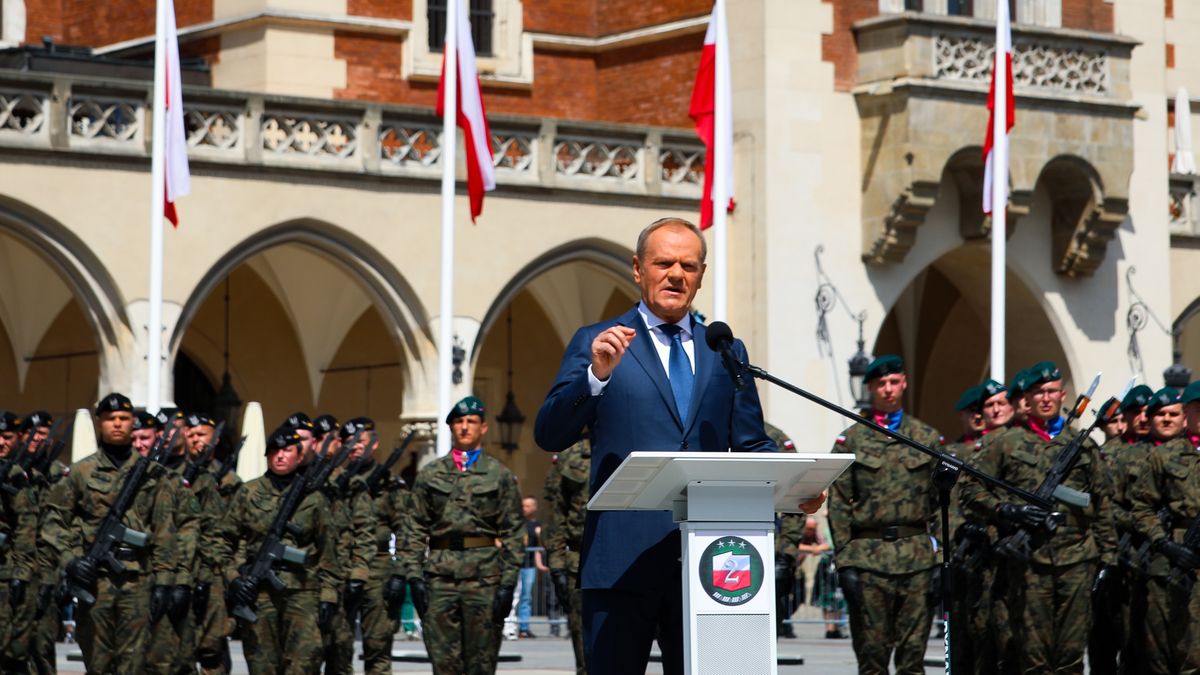 Prime Minister Donald Tusk is participating in celebrations marking the 80th anniversary of the Battle of Monte Cassino at the Main Square in Krakow, Poland, on May 18, 2024. On the occasion of the 80th anniversary of the Battle of Monte Cassino, one of the bloodiest battles fought by Allied troops against the forces of the Third Reich during World War II, celebrations are being held on the Main Square with the participation of Prime Minister Donald Tusk and Minister of National Defense Wladyslaw Kosiniak-Kamysz. The Minister is announcing the establishment of the 2nd Polish Corps Day. The ceremony is being attended by the army, which is marching through the streets of the city. There is also a military picnic on Blonia, where military vehicles are being presented. (Photo by Klaudia Radecka/NurPhoto via Getty Images)