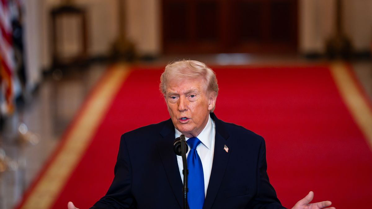US President Donald Trump speaks during an angel families remembrance ceremony in the East Room of the White House in Washington, DC, US, on Monday, Feb. 23, 2026. President Donald Trump threatened higher tariffs on goods from countries that "play games" with their existing US trade agreements following the Supreme Court's decision quashing his global duties. Photographer: Al Drago/Bloomberg via Getty Images
