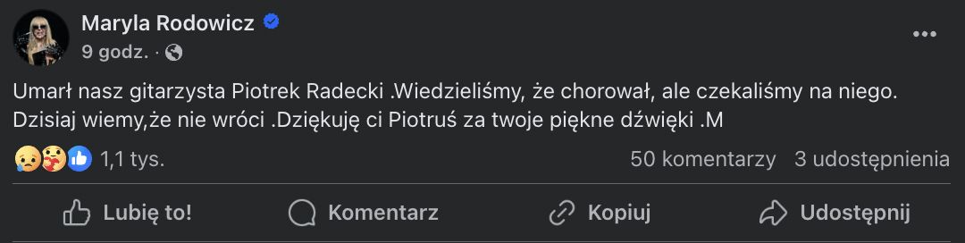 Maryla Rodowicz pożegnała znanego gitarzystę