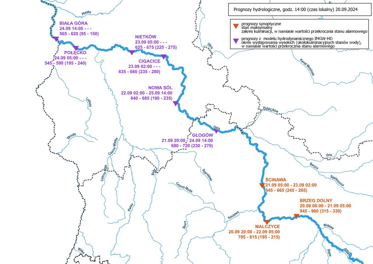 Prognoza hydrologiczna wezbrania na Odrze 20.09.2024. 
 