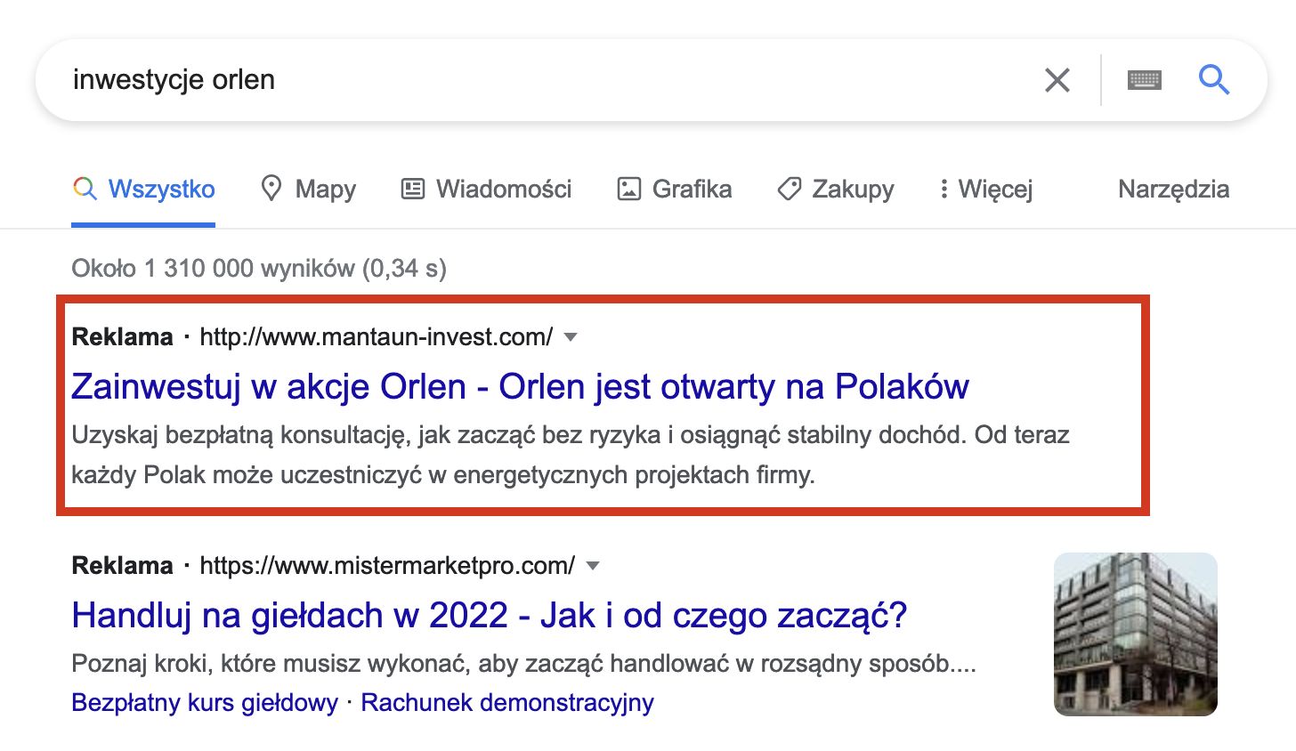 Adres fałszywej strony oferującej inwestycje w akcje Orlenu