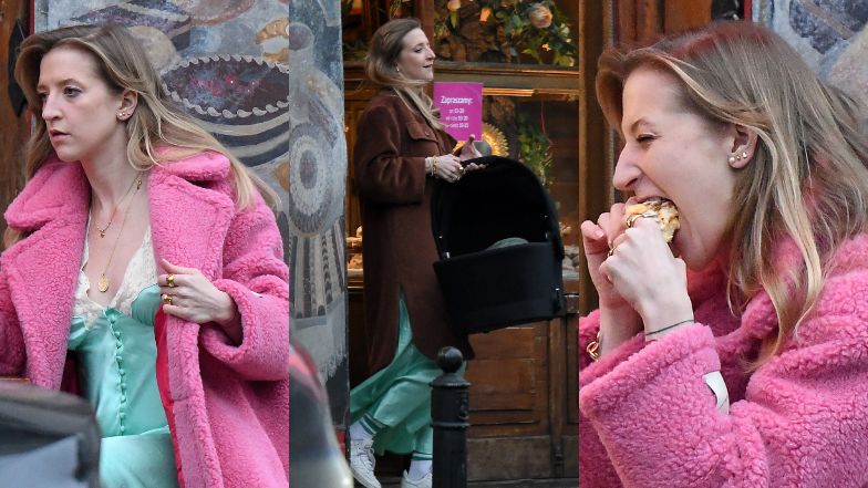 Lara Gessler zajada się pączkiem na ulicy 