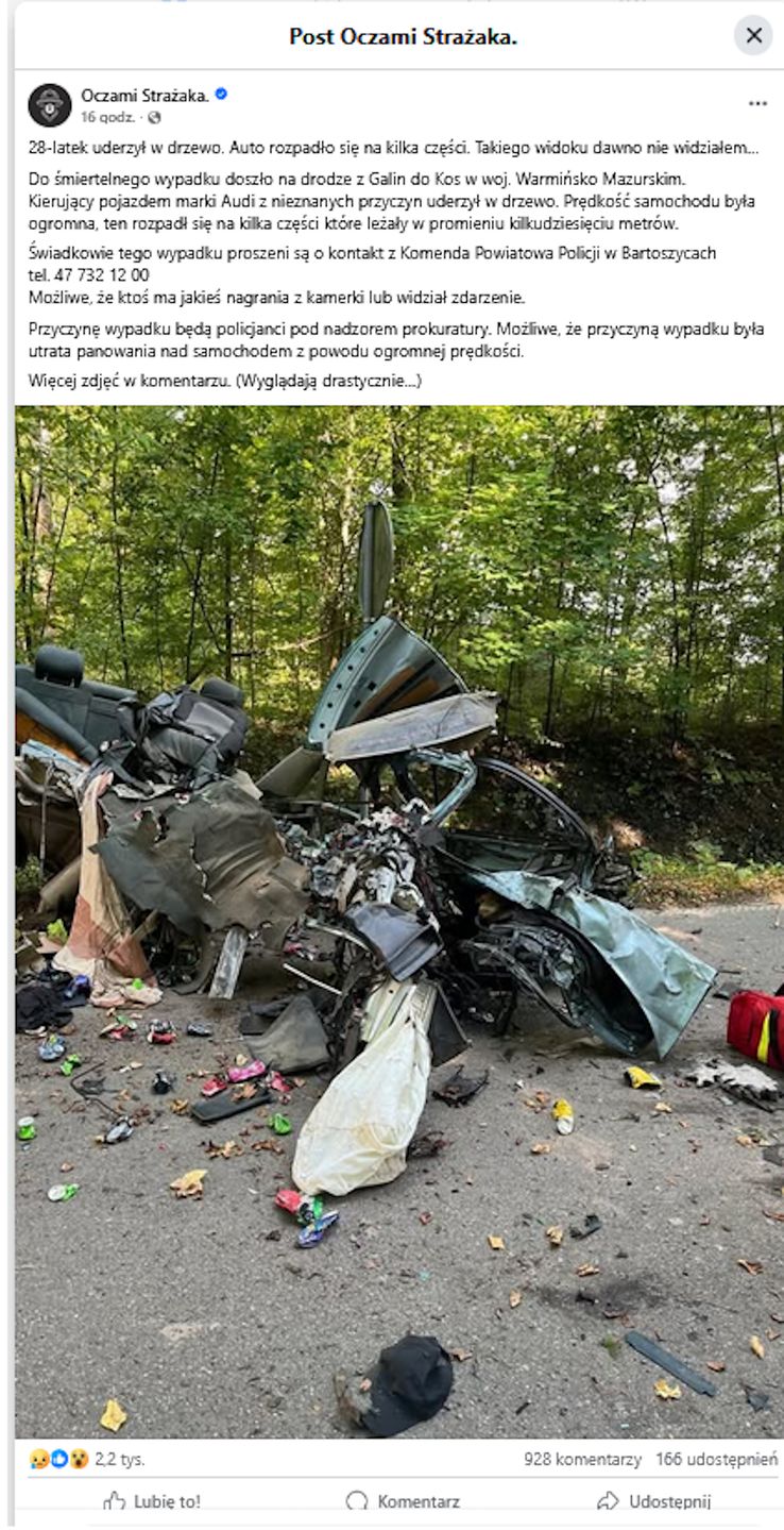 Post ze zdjęciem o tragicznym wypadku.