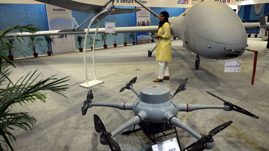 NEW DELHI, INDIA - MAY 27: People visit at Indian drones festival after inauguration by Prime Minister Narendra Modi at pragati madien   on May 27, 2022 in New Delhi, India. Prime Minister Narendra Modi urged all ministries to increase the use of drones in their work, saying he wants drones to become ubiquitous like mobile phones.  Drones are a marvel of technology and innovation. An unmanned aerial vehicle (UAV), commonly known as a drone, is an aircraft without any human pilot, crew, or passengers on board. However, in modern times, this unmanned aircraft is making life easier for farmers, security, defence, and more, Aligning with this, India is celebrating its biggest drone festival  Bharat Drone Mahotsav 2022. (Photo by Sonu Mehta/Hindustan Times via Getty Images)