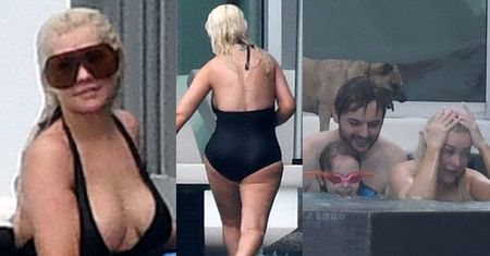 Christina Aguilera i jej DORODNY BIUST pluskają się w basenie podczas rodzinnego weekendu w Miami (ZDJĘCIA)