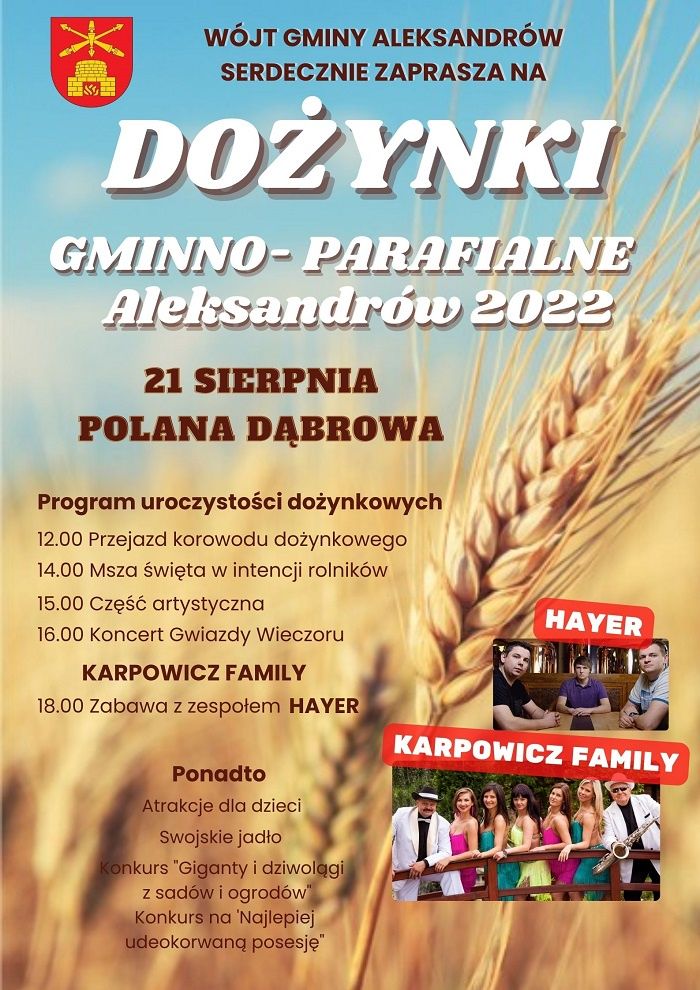 Dożynki Gminy Aleksandrów w Polanie Dąbrowa 2022 - program