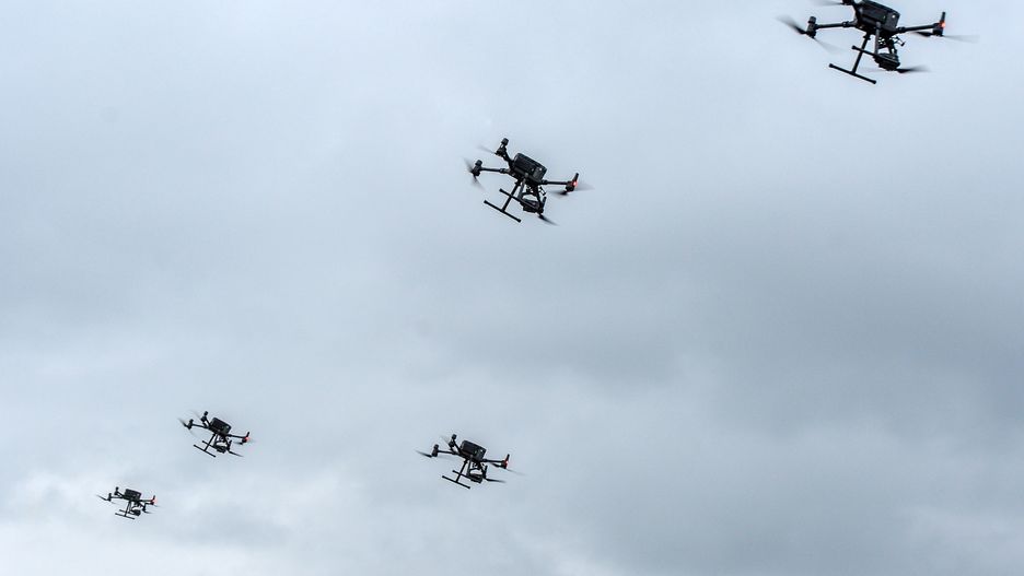 UKRAINE - AUGUST 2, 2022 - The demonstration of some of the 30 DJI Matrice 300 RTK drones purchased for the Armed Forces of Ukraine under the Army of Drones Project is underway in Ukraine. This photo cannot be distributed in the Russian Federation. (Photo credit should read Evgen Kotenko/ Ukrinform/Future Publishing via Getty Images)