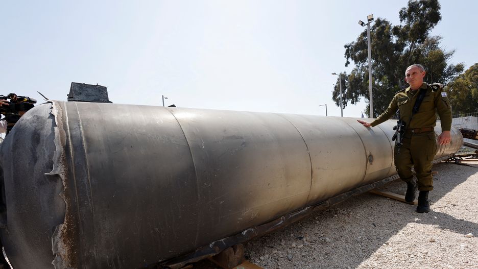 Israel's military displays what they say is an Iranian ballistic missile which they retrieved from the Dead Sea
Israeli military spokesperson Rear Admiral Daniel Hagari stands as Israel's military displays what they say is an Iranian ballistic missile which they retrieved from the Dead Sea after Iran launched drones and missiles towards Israel, at Julis military base, in southern Israel April 16, 2024.,Image: 865297944, License: Rights-managed, Restrictions: , Model Release: no, Credit line: Amir Cohen / Reuters / Forum
 / / Forum
war