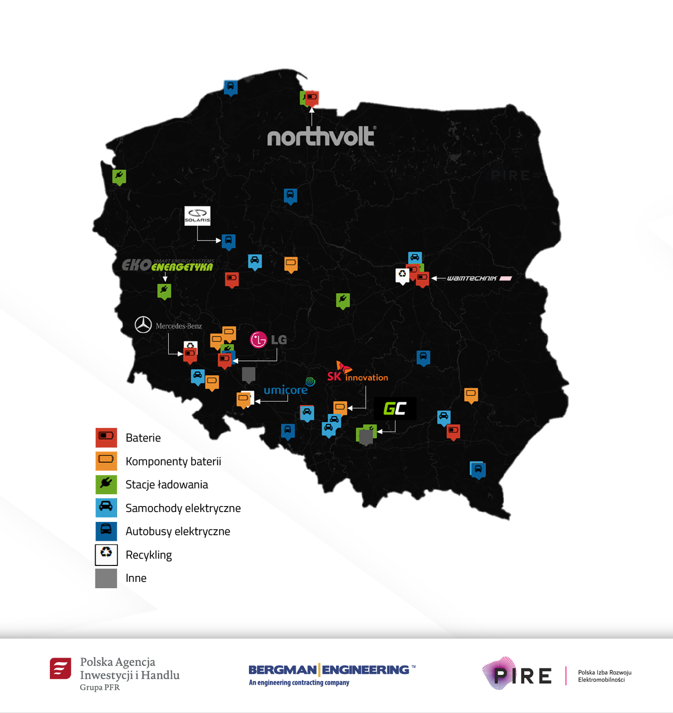 Mapa przedstawiająca inwestycje w rynku elektromobilności w Polsce