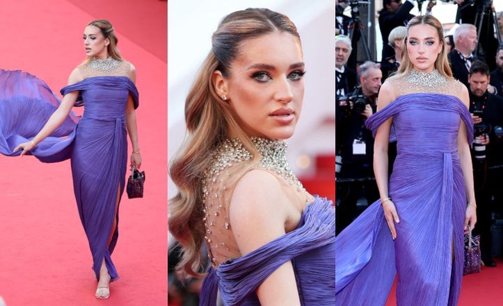 Wytworna Caroline Derpienski zarzuca fioletową suknią na Festiwalu Filmowym w Cannes