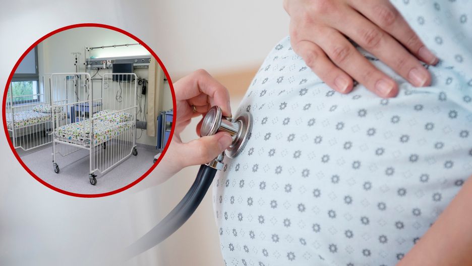 Szpitalne łóżko dziecięce i badanie ciężarnej / zdjęcie poglądowe