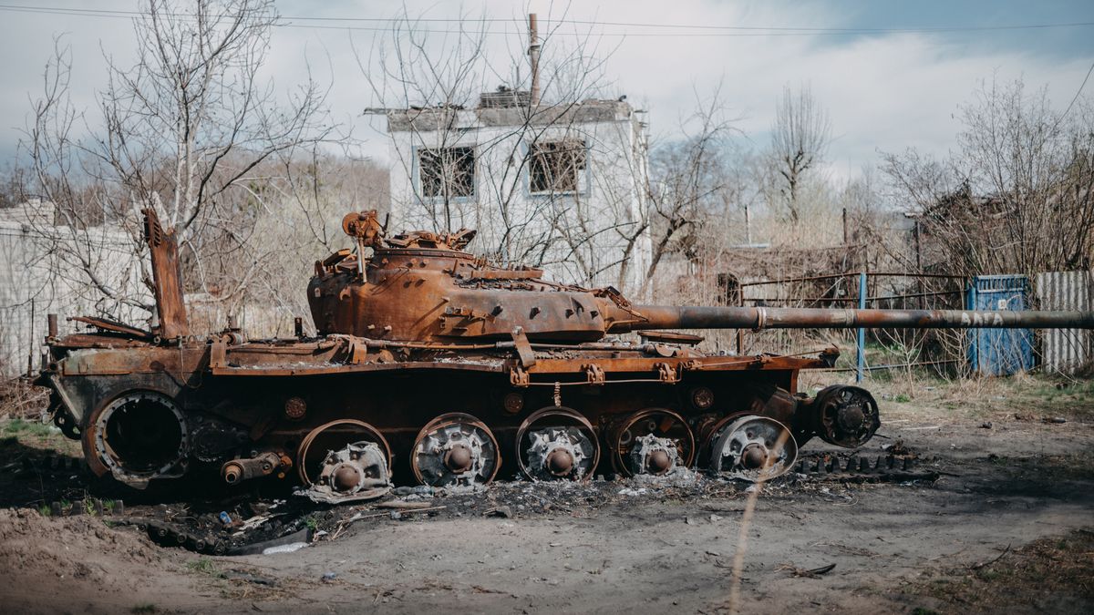 DONETSK OBLAST, UKRAINE - APRIL 06: A view of the destroyed Russian tank while daily life continues in the shadow of the Russia-Ukraine war in Svitohirsk, Donetsk Oblast, Ukraine on April 06, 2024. (Photo by Wojciech Grzedzinski/Anadolu via Getty Images)