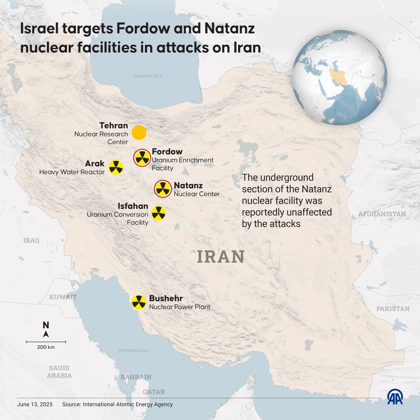 ISTANBUL, TURKIYE - JUNE 13: An infographic titled "Israel targets Fordow and Natanz nuclear facilities in attacks on Iran" created in Istanbul, Turkiye on June 13, 2025. (Photo by Muhammed Ali Yigit/Anadolu via Getty Images)