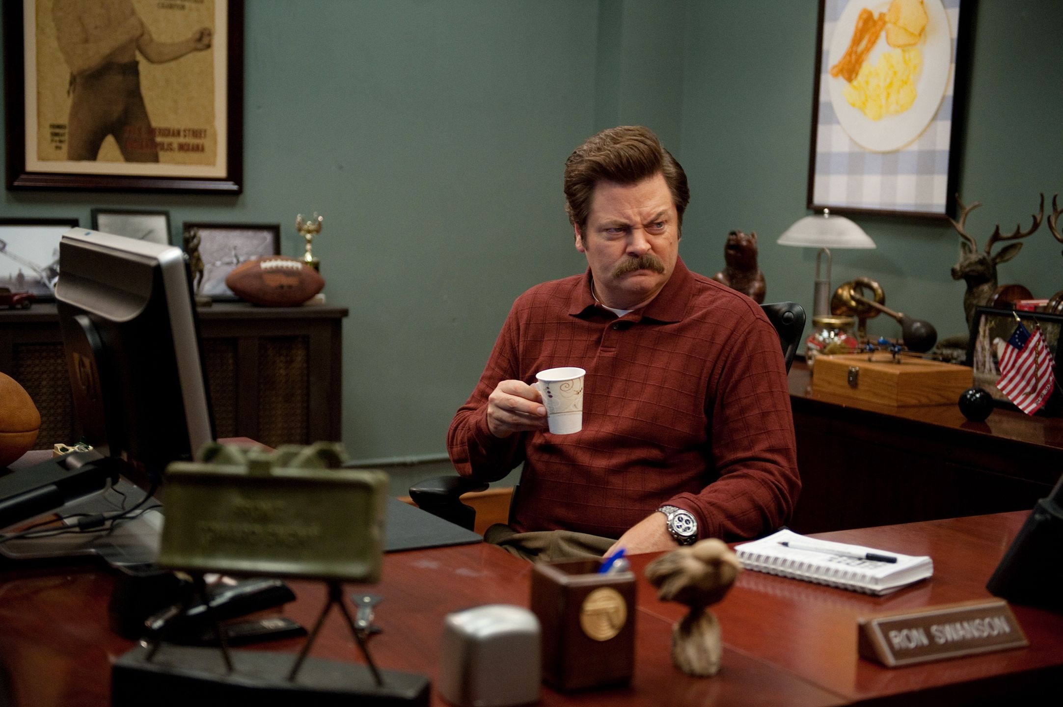 Parks and Recreation - Season 5
PARKS AND RECREATION -- "Leslie vs. April" Episode 507 -- Pictured: Nick Offerman as Ron Swanson -- (Photo by: Colleen Hayes/NBCU Photo Bank/NBCUniversal via Getty Images via Getty Images)
NBC
2010s, 2012-2013, Air Date 11/08/2012, Color, Episodic, Horizontal, Indoor, NBCU Photo Bank, NUP_152192, One Person, Season 5, Select, Single, Solo