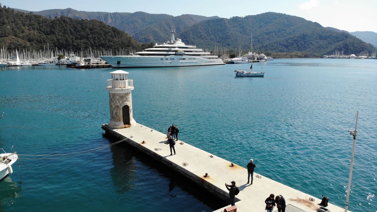 MUGLA, TURKIYE - MARCH 23: Eclipse, the private luxury yacht of Russian billionaire Roman Abramovich, anchors at Cruise Port in Marmaris district of Mugla, Turkiye on March 23, 2022. The 163-meter-long, 23 meters wide and 6 floors Eclipse, world's second-largest private yacht, attracts the attention of the people walking in the harbor. (Photo by Sabri Kesen/Anadolu Agency via Getty Images)
