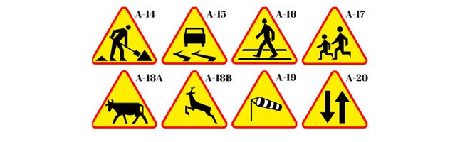 Roboty drogowe (A-14); Śliska jezdnia (A-15); Przejście dla pieszych (A-16); Dzieci (A-17); Zwierzęta gospodarskie (A-18A); Zwierzęta dzikie (A-18B); Boczny wiatr (A-19).
