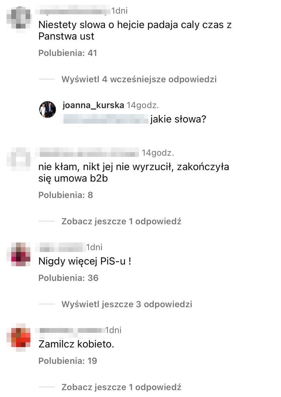 Komentarze pod postem Joanny Kurskiej