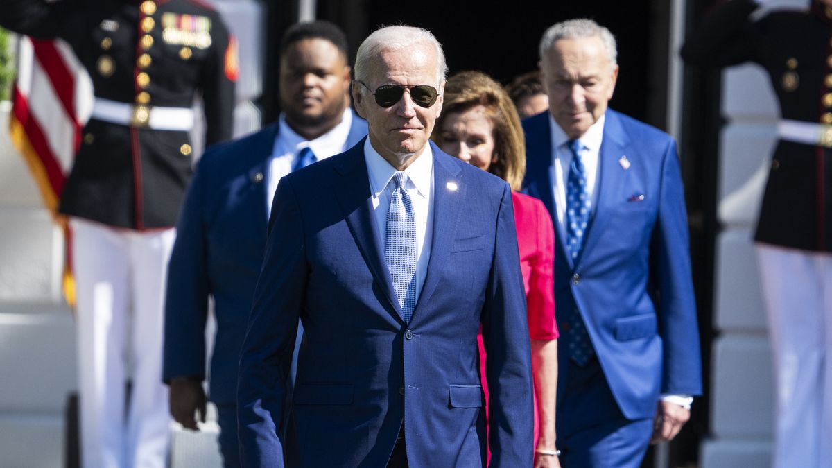 UNITED STATES - AUGUST 9: President Joe Biden, Speaker of the House Nancy Pelosi, D-Calif., and Senate Majority Leader Charles Schumer, D-N.Y., arrive for The CHIPS and Science Act of 2022 bill signing on the South Lawn of the White House, which provides funding for the semiconductor industry, on Tuesday, August 9, 2022. (Tom Williams/CQ-Roll Call, Inc via Getty Images)