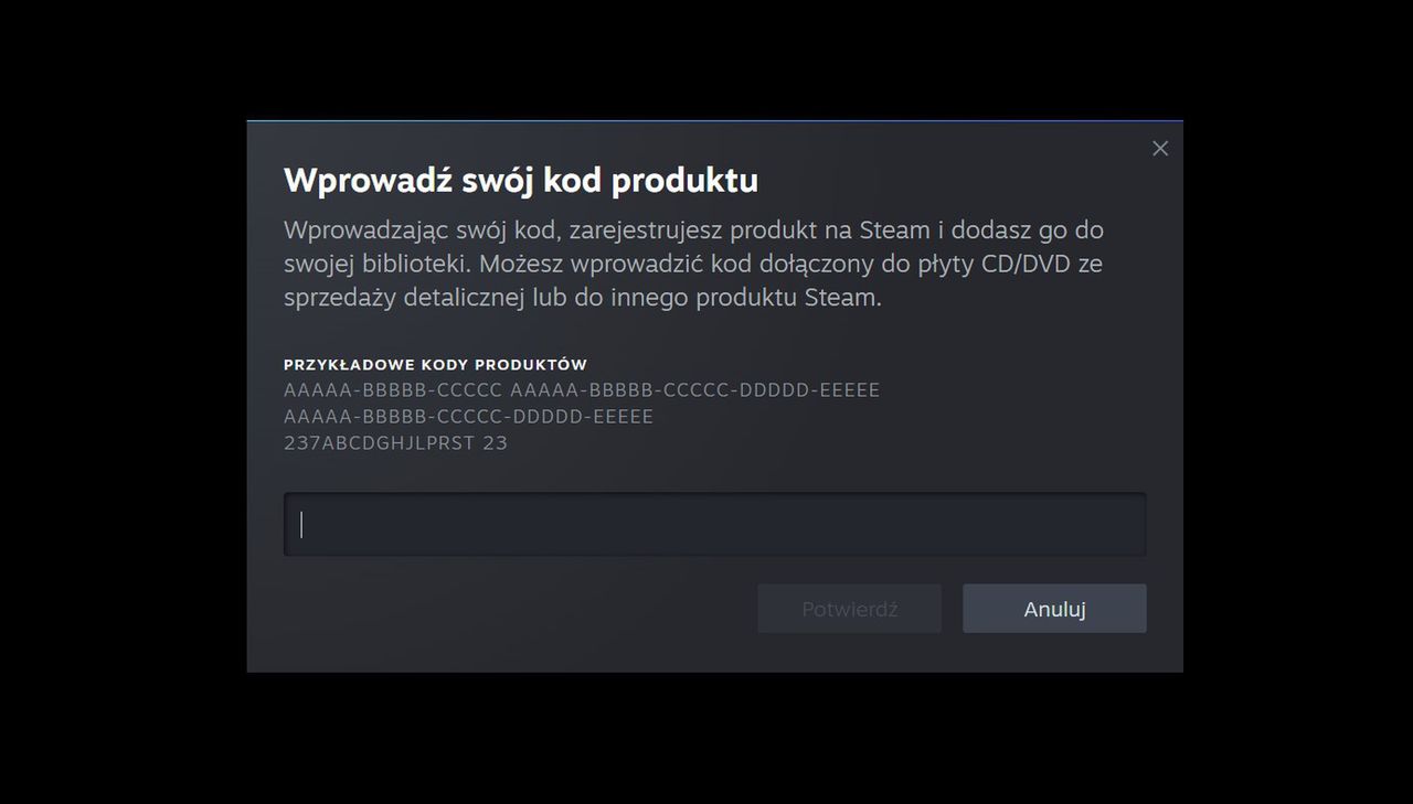 Okno aktywacji klucza Steam