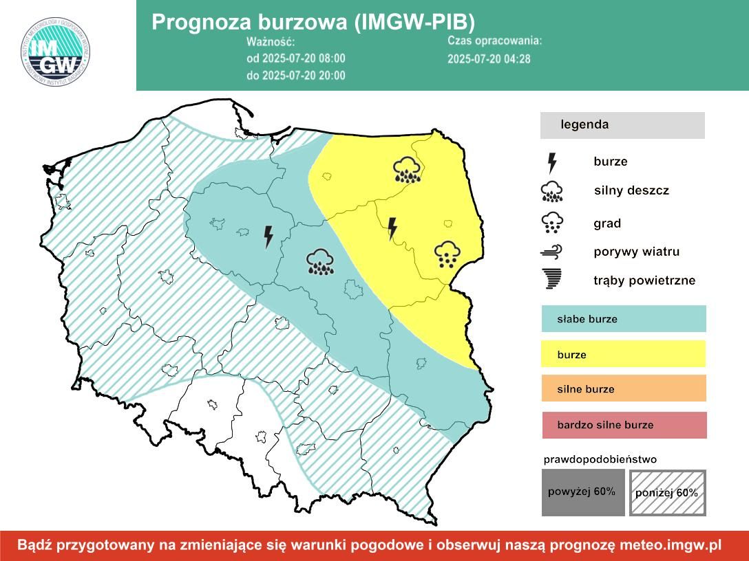 Prognoza burzowa IMGW na niedzielę, 20 lipca 2025