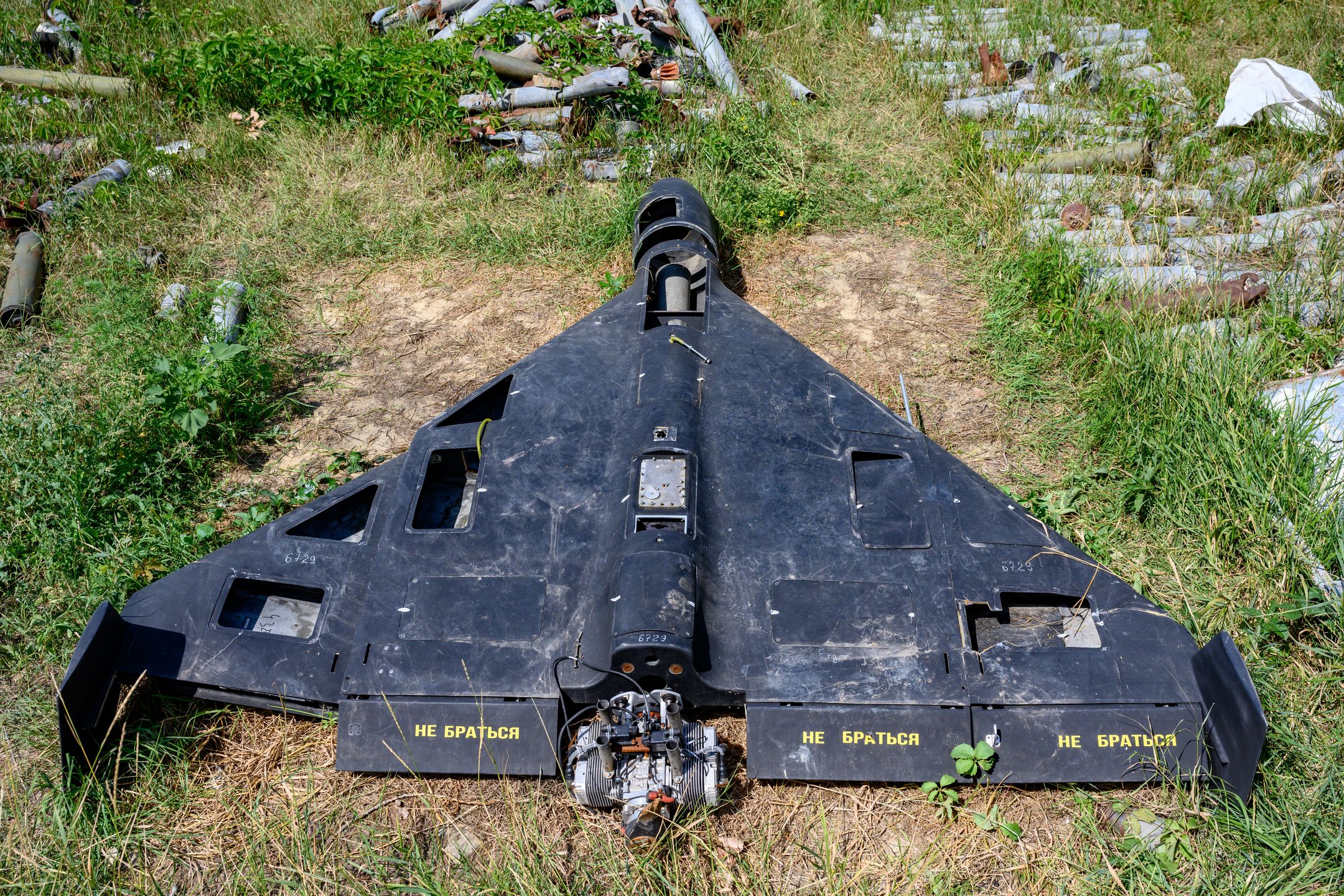 Ukrainians Keep Russian Shahed Drone, Missiles, For War Crimes EvidenceKHARKIV, UKRAINE - JULY 30: The remains of a Russian-made, Iran-designed Shahed-136 drone, known as a Geran-2 in Russia, sits among a collection of Russian drones, glide bombs, missiles and rockets launched at Ukraine maintained as evidence for eventual war crimes prosecutions against Russia, on July 30, 2025 in Kharkiv, Ukraine. Russia has intensified missile and drone attacks against Ukraine, firing more than 700 in a single night, often against civilian targets, amidst a surge of daily aerial bombardments of urban centers, 3 1/2 years after Russia's all-out invasion of Ukraine. (Photo by Scott Peterson/Getty Images)Scott Peterson