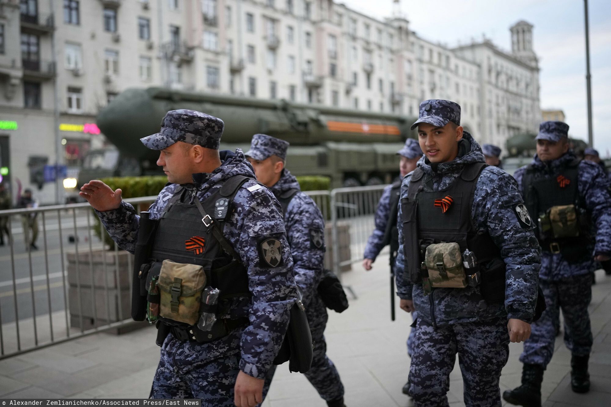 Pr�ba przed parad? z okazji Dnia Zwyci?stwa w MoskwieRosguardia (National Guard) soldiers patrol an area passing a Russian RS-24 Yars ballistic missile parked along Tverskaya street prior to a rehearsal for the Victory Day military parade in Moscow, on Thursday, May 2, 2024. The parade will take place at Moscow's Red Square on May 9 to celebrate 79 years of the victory in WWII. (AP Photo/Alexander Zemlianichenko)Alexander Zemlianichenko