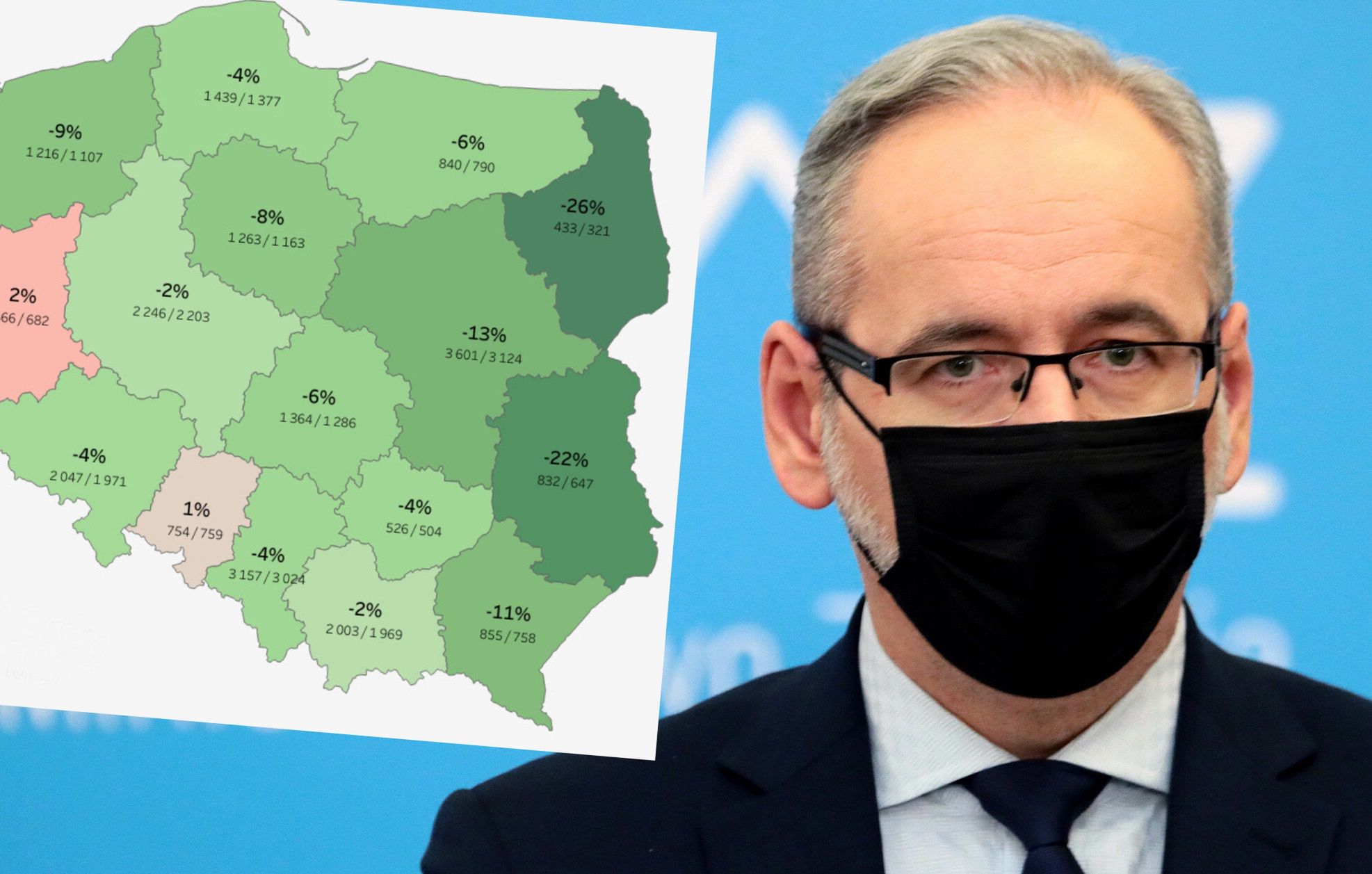 Nowe obostrzenia choć są spóźnione, to wchodzą w życie. Na mapie widać trend spadku zakażeń w województwach