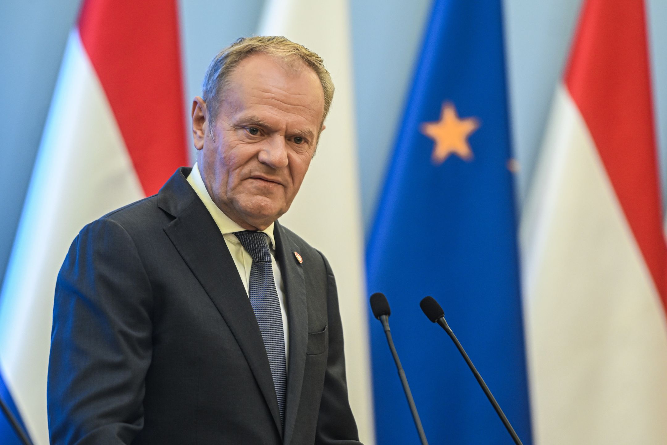 WARSAW , POLAND - JULY 07: Polish Prime Minister, Donald Tusk and the Dutch Prime Minister, Dick Schoof deliver a press statement following their meeting in Warsaw, Poland on July 07 2025. (Photo by Omar Marques/Anadolu via Getty Images)