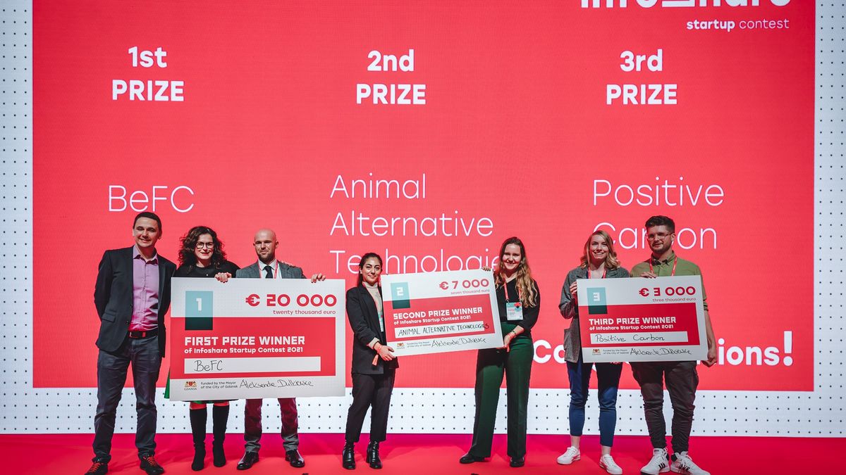 Laureaci Startup Contest 2021, organizowanego przez Infoshare. Startupy BeFC, Animal Alternative Technologies, Positive Carbon