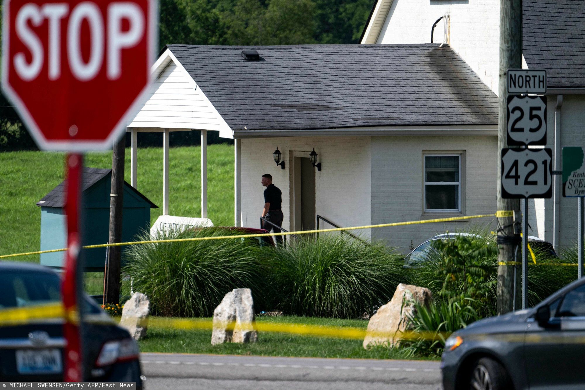 Temporary
LEXINGTON, KENTUCKY - JULY 13: Police assess the scene after a shooting at Richmond Road Baptist Church on July 13, 2025 in Lexington, Kentucky. Two people were killed and two others injured at the church after the shooter shot and injured a state trooper at the Blue Grass Airport before fleeing and eventually stopping at the Richmond Road Baptist Church.   Michael Swensen/Getty Images/AFP (Photo by Michael Swensen / GETTY IMAGES NORTH AMERICA / Getty Images via AFP)
MICHAEL SWENSEN